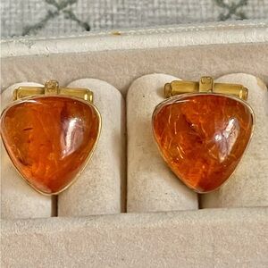 Vintage Baltic Amber Cufflinks, 875 Silver, Gold-Plated Soviet Era USSR